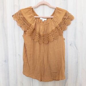 Ivy Ridge Womens Lace Yoke Gauze Top Size S Brown Boho Cottage Feminine Earthy